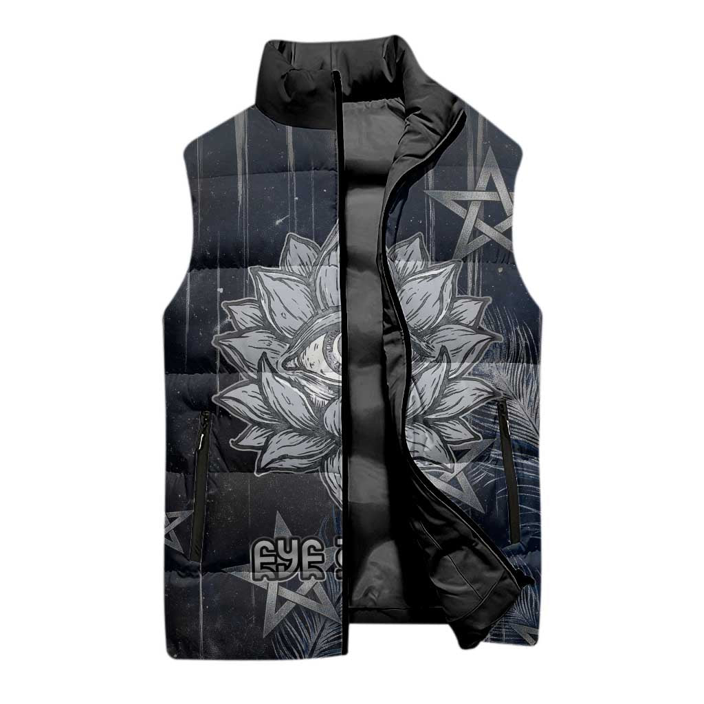 Khonsu Sleeveless Puffer Jacket Ancient Egyptian Dark Feather Pattern, Moonlit Raven Symbol, and Eye Lotus - Wonder Print Shop