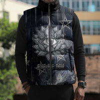 Khonsu Sleeveless Puffer Jacket Ancient Egyptian Dark Feather Pattern, Moonlit Raven Symbol, and Eye Lotus - Wonder Print Shop