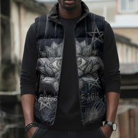Khonsu Sleeveless Puffer Jacket Ancient Egyptian Dark Feather Pattern, Moonlit Raven Symbol, and Eye Lotus - Wonder Print Shop