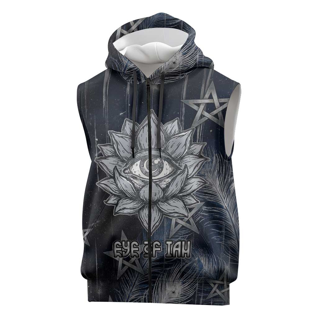Khonsu Sleeveless Zip Hoodie Ancient Egyptian Dark Feather Pattern, Moonlit Raven Symbol, and Eye Lotus - Wonder Print Shop