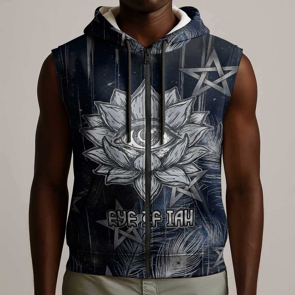 Khonsu Sleeveless Zip Hoodie Ancient Egyptian Dark Feather Pattern, Moonlit Raven Symbol, and Eye Lotus - Wonder Print Shop