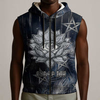 Khonsu Sleeveless Zip Hoodie Ancient Egyptian Dark Feather Pattern, Moonlit Raven Symbol, and Eye Lotus - Wonder Print Shop