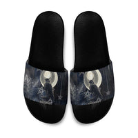 Khonsu Slide Sandals Ancient Egyptian Dark Feather Pattern, Moonlit Raven Symbol, and Eye Lotus - Wonder Print Shop