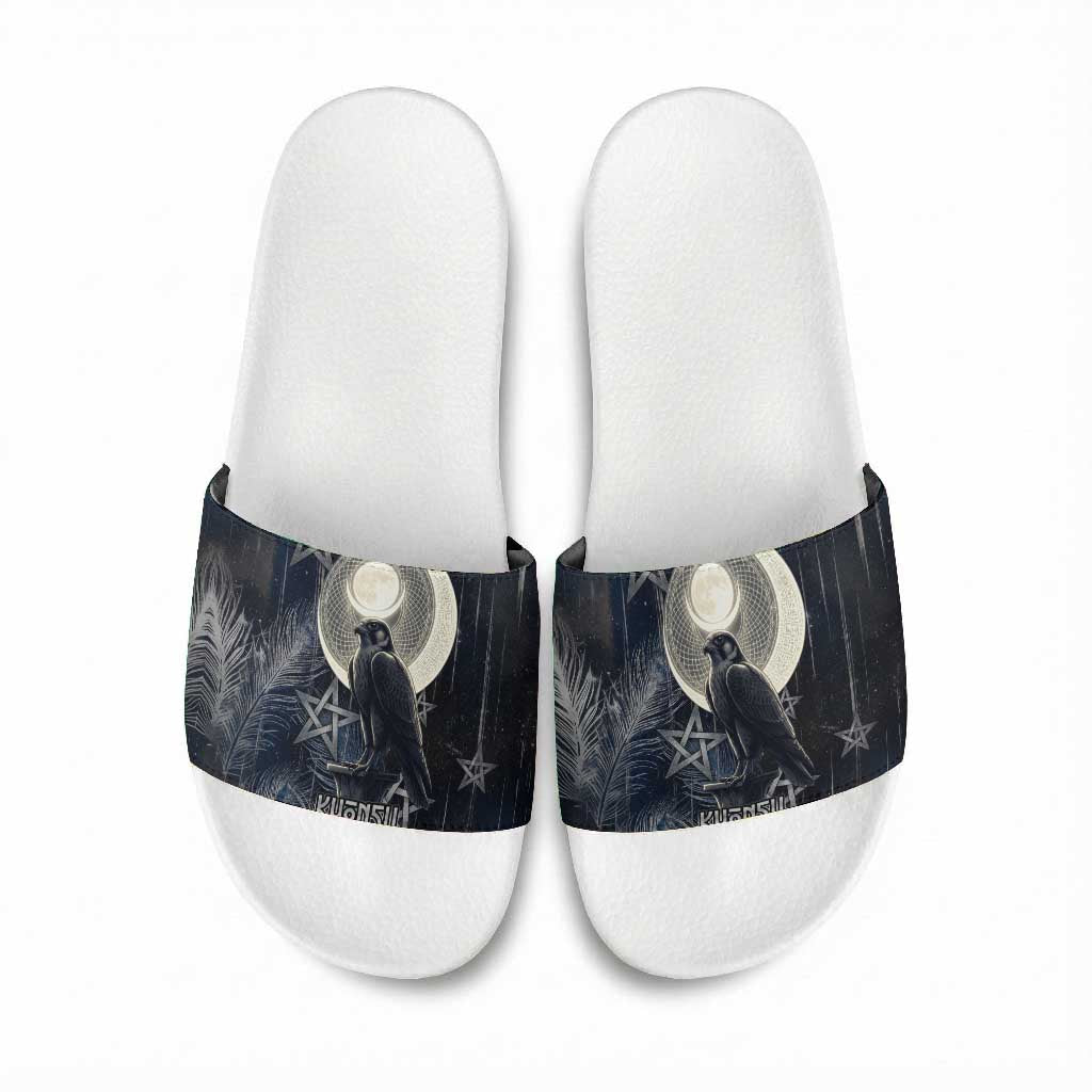 Khonsu Slide Sandals Ancient Egyptian Dark Feather Pattern, Moonlit Raven Symbol, and Eye Lotus - Wonder Print Shop