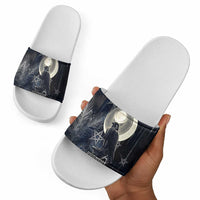 Khonsu Slide Sandals Ancient Egyptian Dark Feather Pattern, Moonlit Raven Symbol, and Eye Lotus - Wonder Print Shop