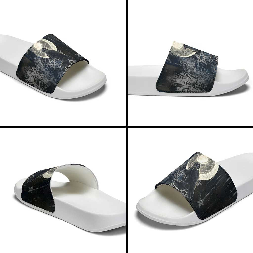 Khonsu Slide Sandals Ancient Egyptian Dark Feather Pattern, Moonlit Raven Symbol, and Eye Lotus - Wonder Print Shop