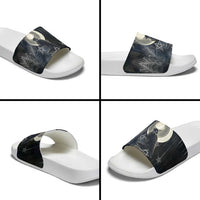Khonsu Slide Sandals Ancient Egyptian Dark Feather Pattern, Moonlit Raven Symbol, and Eye Lotus - Wonder Print Shop