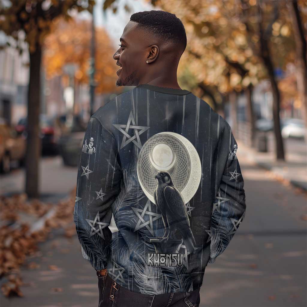 Khonsu Sweatshirt Ancient Egyptian Dark Feather Pattern, Moonlit Raven Symbol, and Eye Lotus - Wonder Print Shop