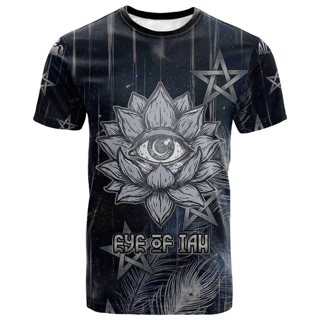 Khonsu T shirt Ancient Egyptian Dark Feather Pattern, Moonlit Raven Symbol, and Eye Lotus - Wonder Print Shop