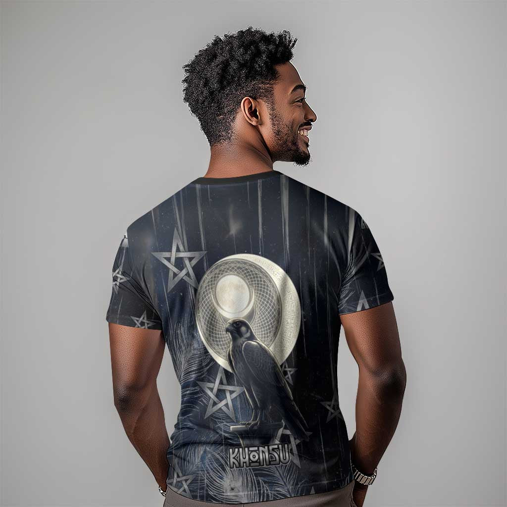 Khonsu T shirt Ancient Egyptian Dark Feather Pattern, Moonlit Raven Symbol, and Eye Lotus - Wonder Print Shop
