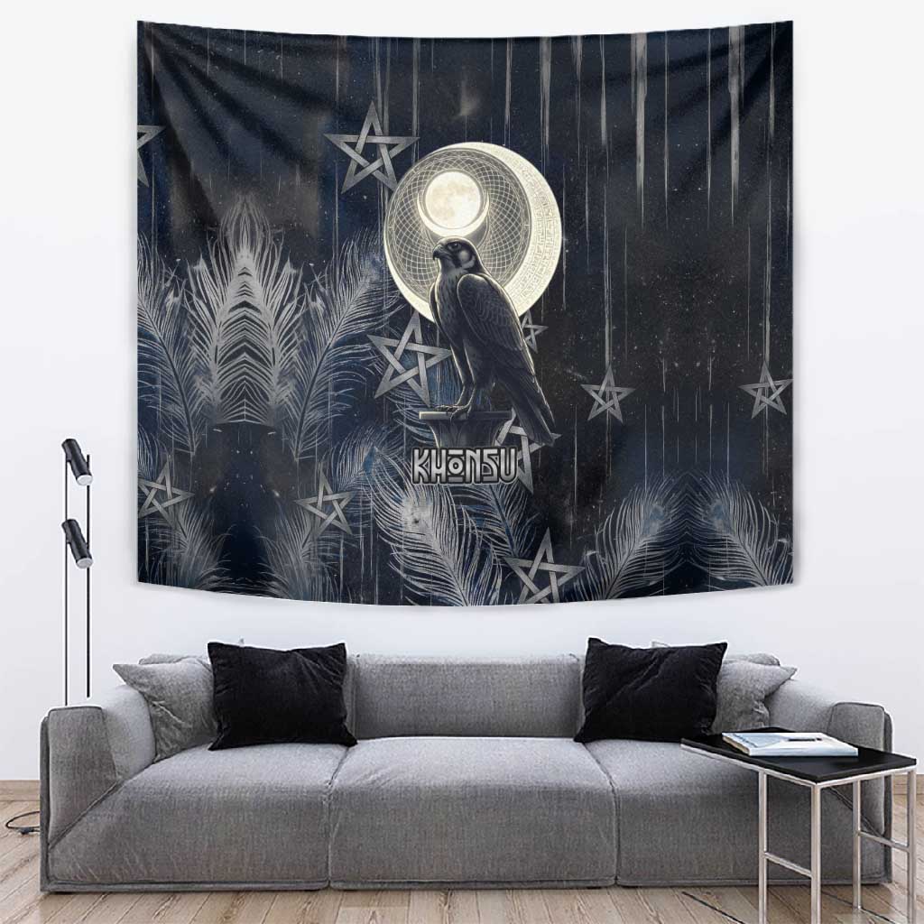 Khonsu Tapestry Ancient Egyptian Dark Feather Pattern, Moonlit Raven Symbol, and Eye Lotus - Wonder Print Shop