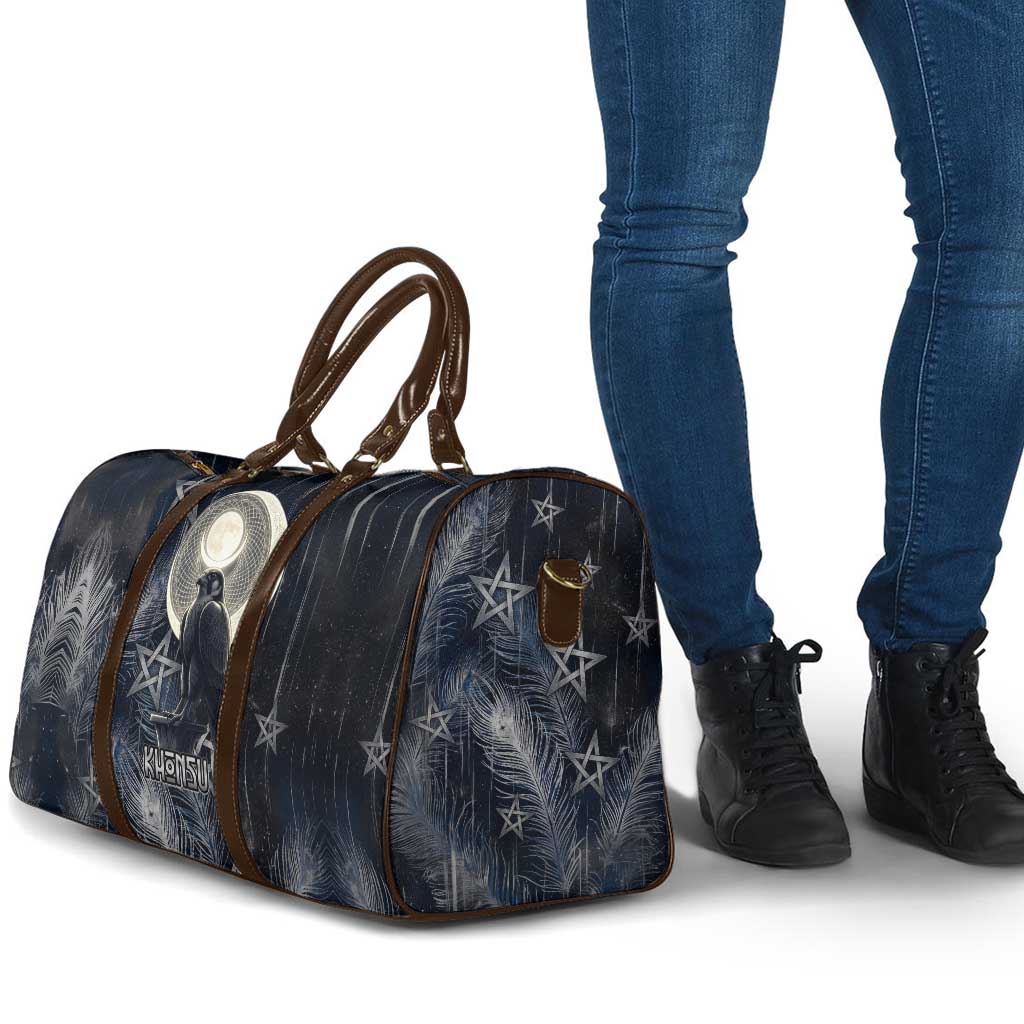 Khonsu Travel Bag Ancient Egyptian Dark Feather Pattern, Moonlit Raven Symbol, and Eye Lotus - Wonder Print Shop