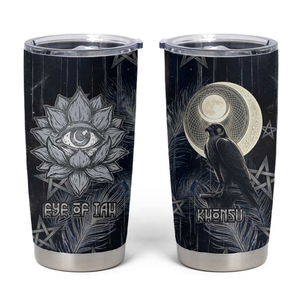 Khonsu Tumbler Cup Ancient Egyptian Dark Feather Pattern, Moonlit Raven Symbol, and Eye Lotus - Wonder Print Shop