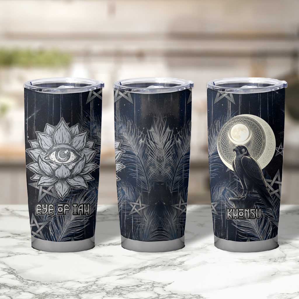Khonsu Tumbler Cup Ancient Egyptian Dark Feather Pattern, Moonlit Raven Symbol, and Eye Lotus - Wonder Print Shop