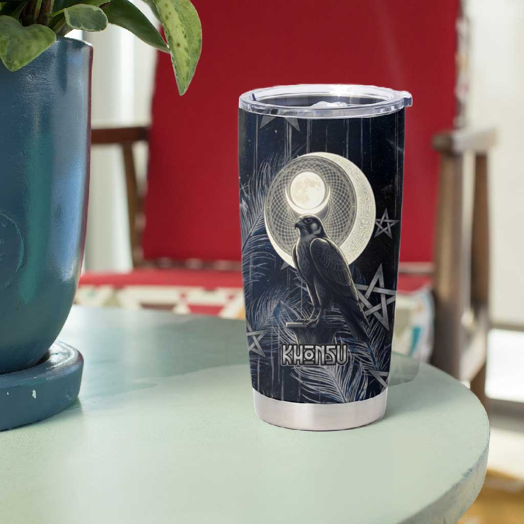 Khonsu Tumbler Cup Ancient Egyptian Dark Feather Pattern, Moonlit Raven Symbol, and Eye Lotus - Wonder Print Shop