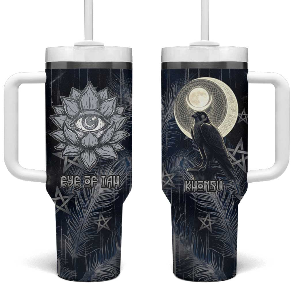 Khonsu Tumbler With Handle Ancient Egyptian Dark Feather Pattern, Moonlit Raven Symbol, and Eye Lotus - Wonder Print Shop