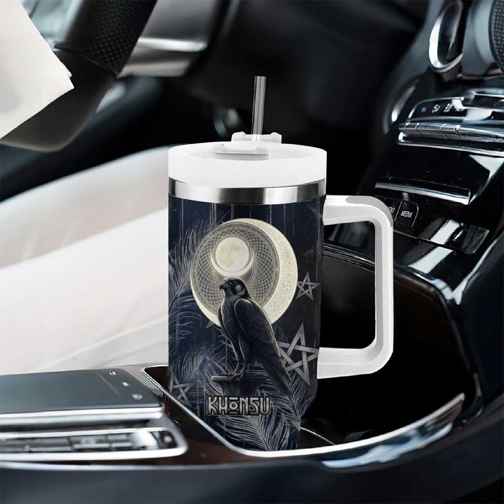 Khonsu Tumbler With Handle Ancient Egyptian Dark Feather Pattern, Moonlit Raven Symbol, and Eye Lotus - Wonder Print Shop