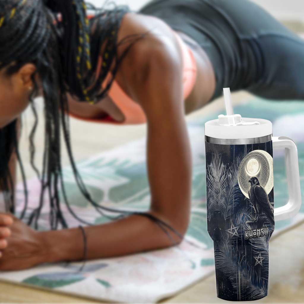 Khonsu Tumbler With Handle Ancient Egyptian Dark Feather Pattern, Moonlit Raven Symbol, and Eye Lotus - Wonder Print Shop