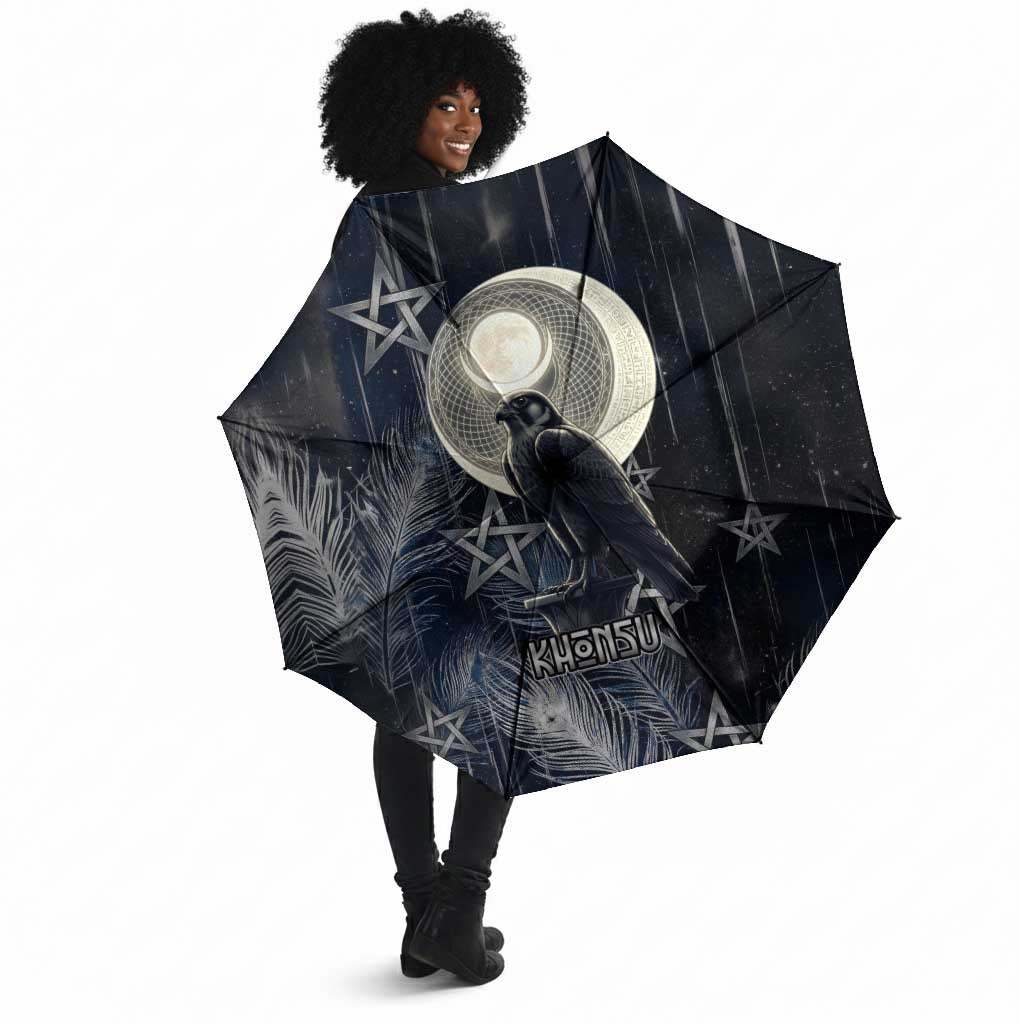 Khonsu Umbrella Ancient Egyptian Dark Feather Pattern, Moonlit Raven Symbol, and Eye Lotus - Wonder Print Shop