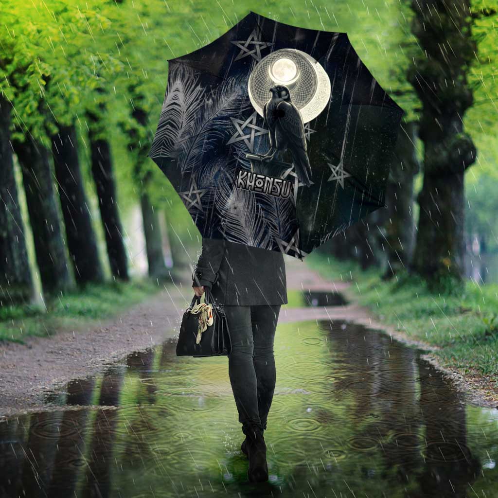 Khonsu Umbrella Ancient Egyptian Dark Feather Pattern, Moonlit Raven Symbol, and Eye Lotus - Wonder Print Shop