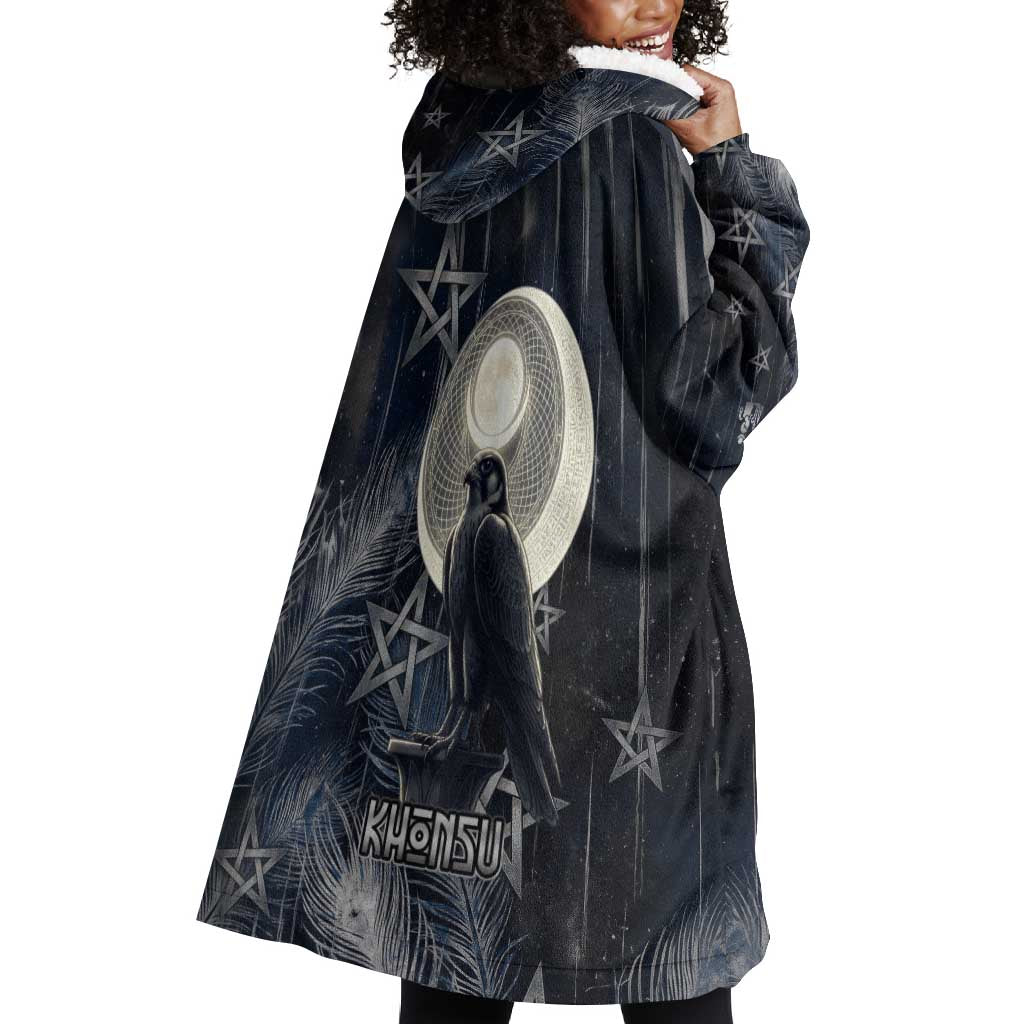 Khonsu Wearable Blanket Hoodie Ancient Egyptian Dark Feather Pattern, Moonlit Raven Symbol, and Eye Lotus - Wonder Print Shop
