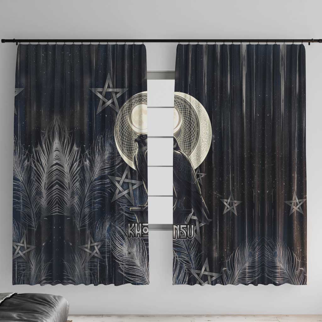 Khonsu Window Curtain Ancient Egyptian Dark Feather Pattern, Moonlit Raven Symbol, and Eye Lotus - Wonder Print Shop