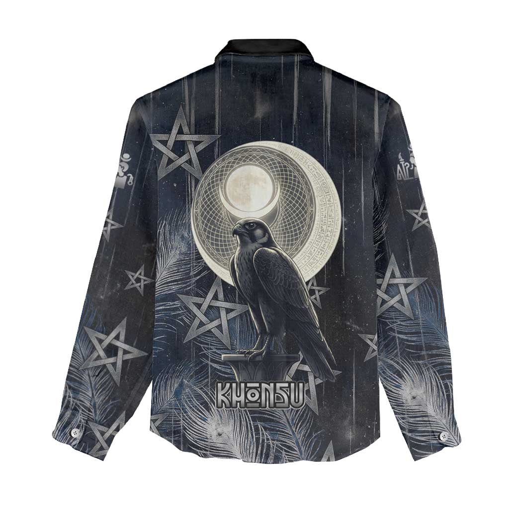 Khonsu Women Casual Shirt Ancient Egyptian Dark Feather Pattern, Moonlit Raven Symbol, and Eye Lotus - Wonder Print Shop