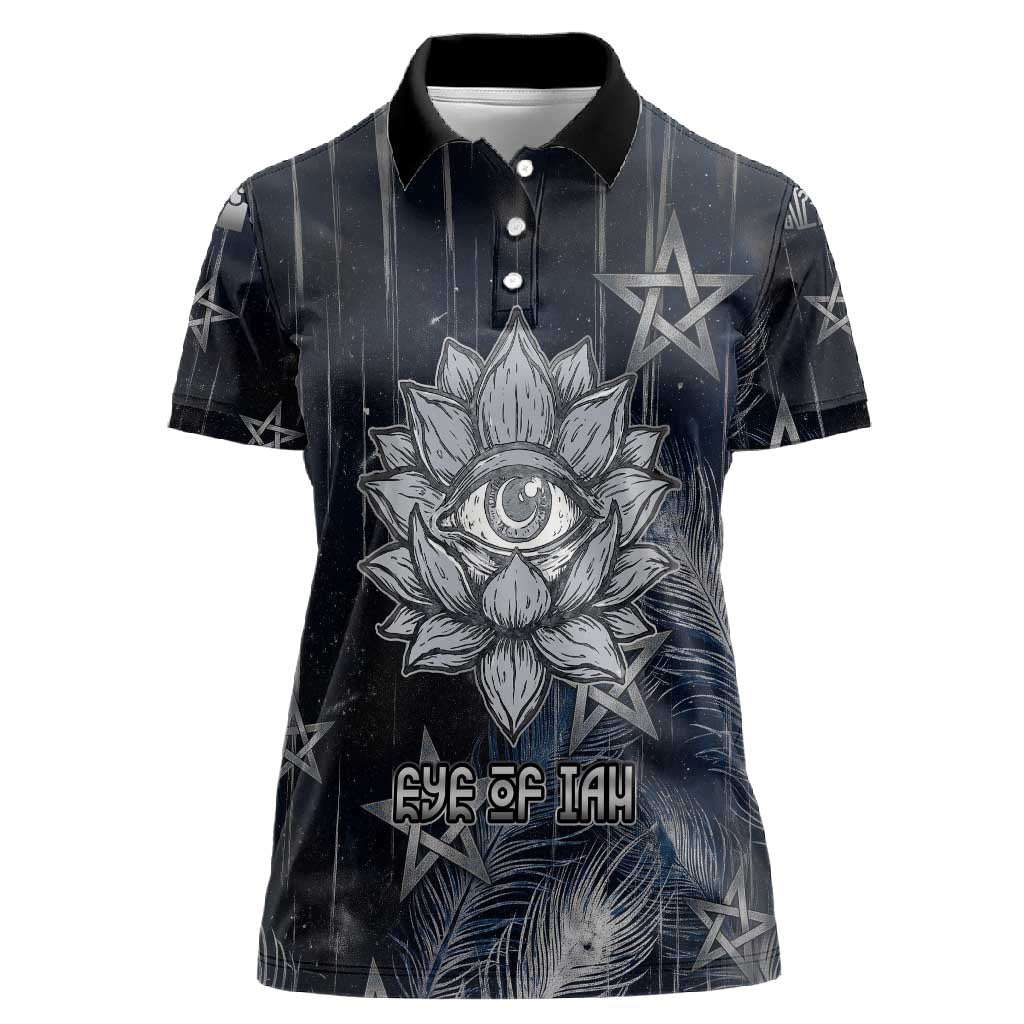 Khonsu Women Polo Shirt Ancient Egyptian Dark Feather Pattern, Moonlit Raven Symbol, and Eye Lotus - Wonder Print Shop