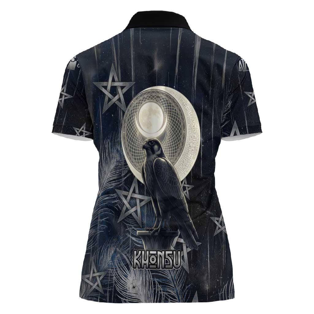 Khonsu Women Polo Shirt Ancient Egyptian Dark Feather Pattern, Moonlit Raven Symbol, and Eye Lotus - Wonder Print Shop