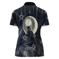 Khonsu Women Polo Shirt Ancient Egyptian Dark Feather Pattern, Moonlit Raven Symbol, and Eye Lotus - Wonder Print Shop