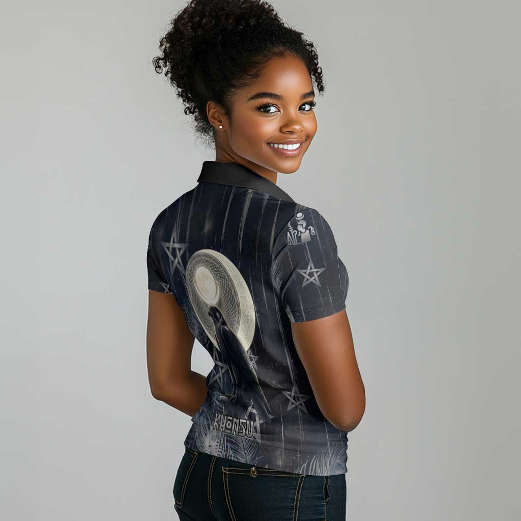 Khonsu Women Polo Shirt Ancient Egyptian Dark Feather Pattern, Moonlit Raven Symbol, and Eye Lotus - Wonder Print Shop