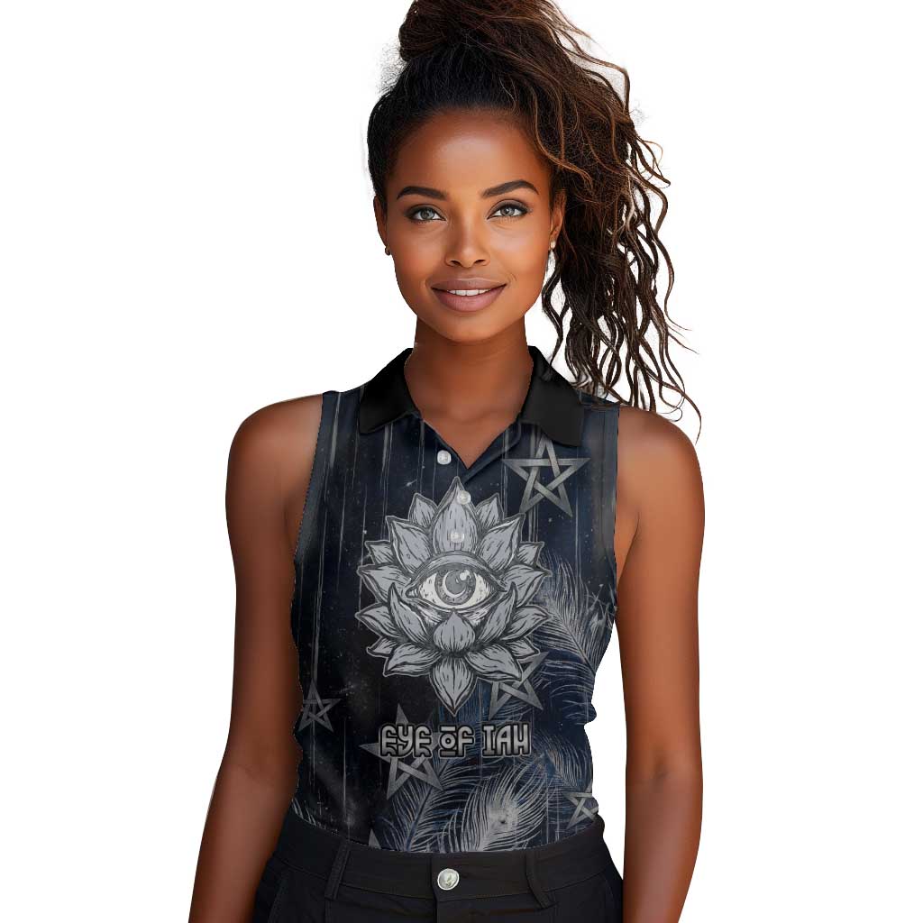 Khonsu Women Sleeveless Polo Shirt Ancient Egyptian Dark Feather Pattern, Moonlit Raven Symbol, and Eye Lotus - Wonder Print Shop