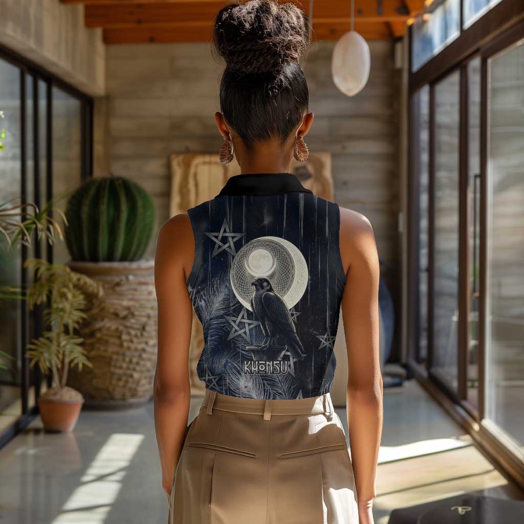 Khonsu Women Sleeveless Polo Shirt Ancient Egyptian Dark Feather Pattern, Moonlit Raven Symbol, and Eye Lotus - Wonder Print Shop