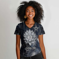 Khonsu Women V-Neck T-Shirt Ancient Egyptian Dark Feather Pattern, Moonlit Raven Symbol, and Eye Lotus - Wonder Print Shop