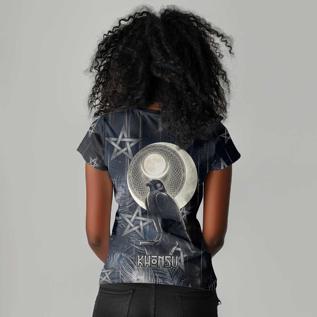 Khonsu Women V-Neck T-Shirt Ancient Egyptian Dark Feather Pattern, Moonlit Raven Symbol, and Eye Lotus - Wonder Print Shop