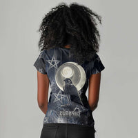 Khonsu Women V-Neck T-Shirt Ancient Egyptian Dark Feather Pattern, Moonlit Raven Symbol, and Eye Lotus - Wonder Print Shop