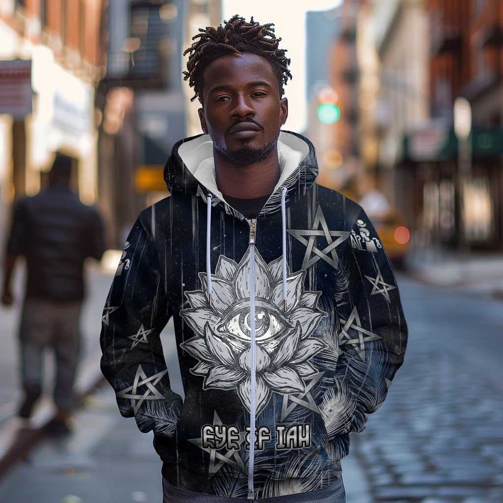 Khonsu Zip Hoodie Ancient Egyptian Dark Feather Pattern, Moonlit Raven Symbol, and Eye Lotus - Wonder Print Shop