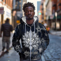 Khonsu Zip Hoodie Ancient Egyptian Dark Feather Pattern, Moonlit Raven Symbol, and Eye Lotus - Wonder Print Shop