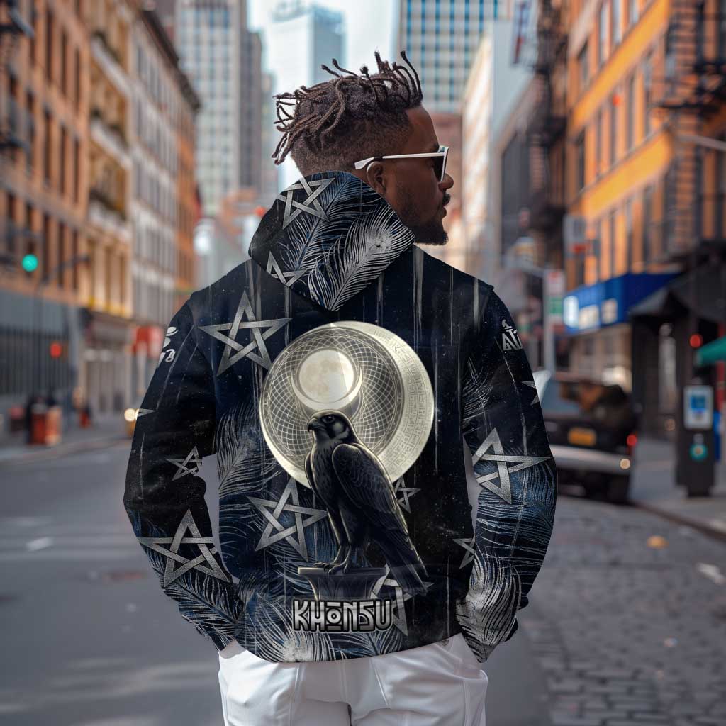 Khonsu Zip Hoodie Ancient Egyptian Dark Feather Pattern, Moonlit Raven Symbol, and Eye Lotus - Wonder Print Shop