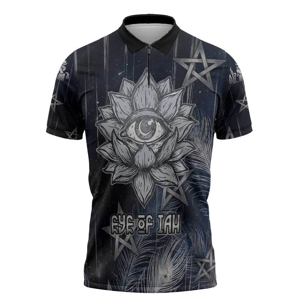 Khonsu Zipper Polo Shirt Ancient Egyptian Dark Feather Pattern, Moonlit Raven Symbol, and Eye Lotus - Wonder Print Shop
