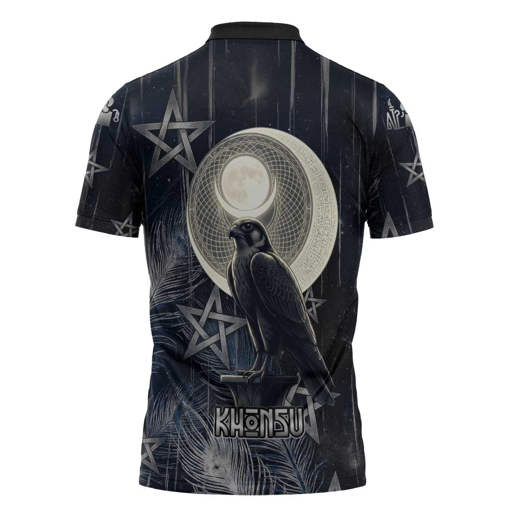 Khonsu Zipper Polo Shirt Ancient Egyptian Dark Feather Pattern, Moonlit Raven Symbol, and Eye Lotus - Wonder Print Shop