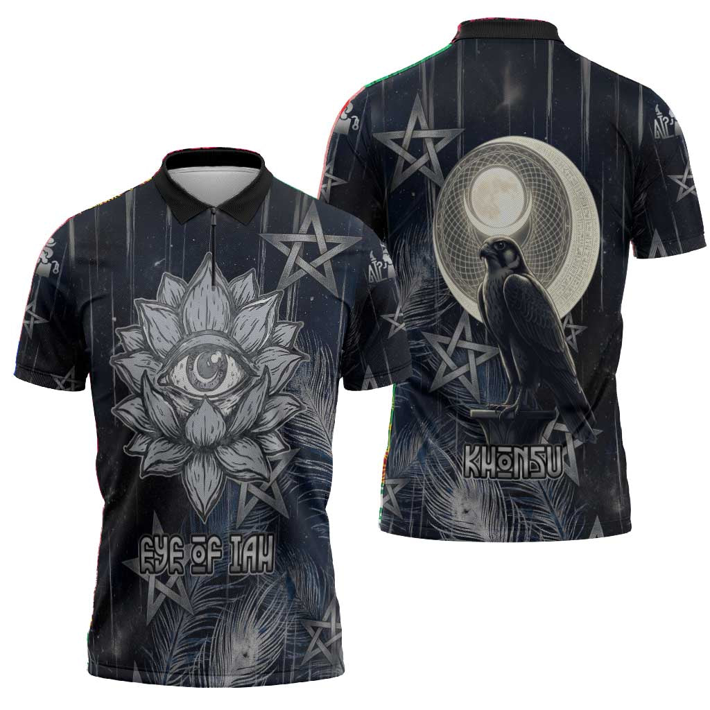 Khonsu Zipper Polo Shirt Ancient Egyptian Dark Feather Pattern, Moonlit Raven Symbol, and Eye Lotus - Wonder Print Shop