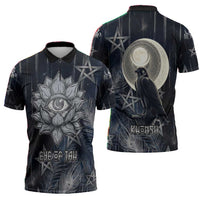 Khonsu Zipper Polo Shirt Ancient Egyptian Dark Feather Pattern, Moonlit Raven Symbol, and Eye Lotus - Wonder Print Shop