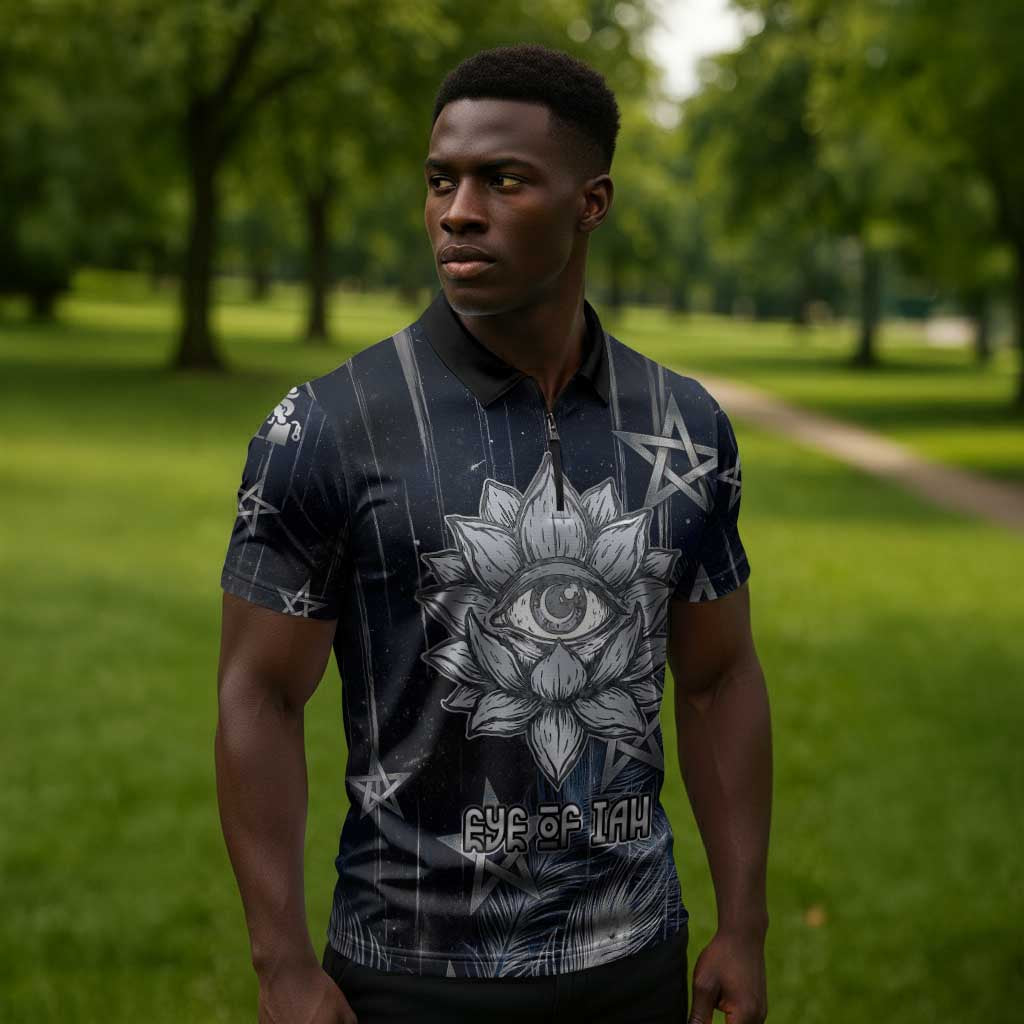 Khonsu Zipper Polo Shirt Ancient Egyptian Dark Feather Pattern, Moonlit Raven Symbol, and Eye Lotus - Wonder Print Shop