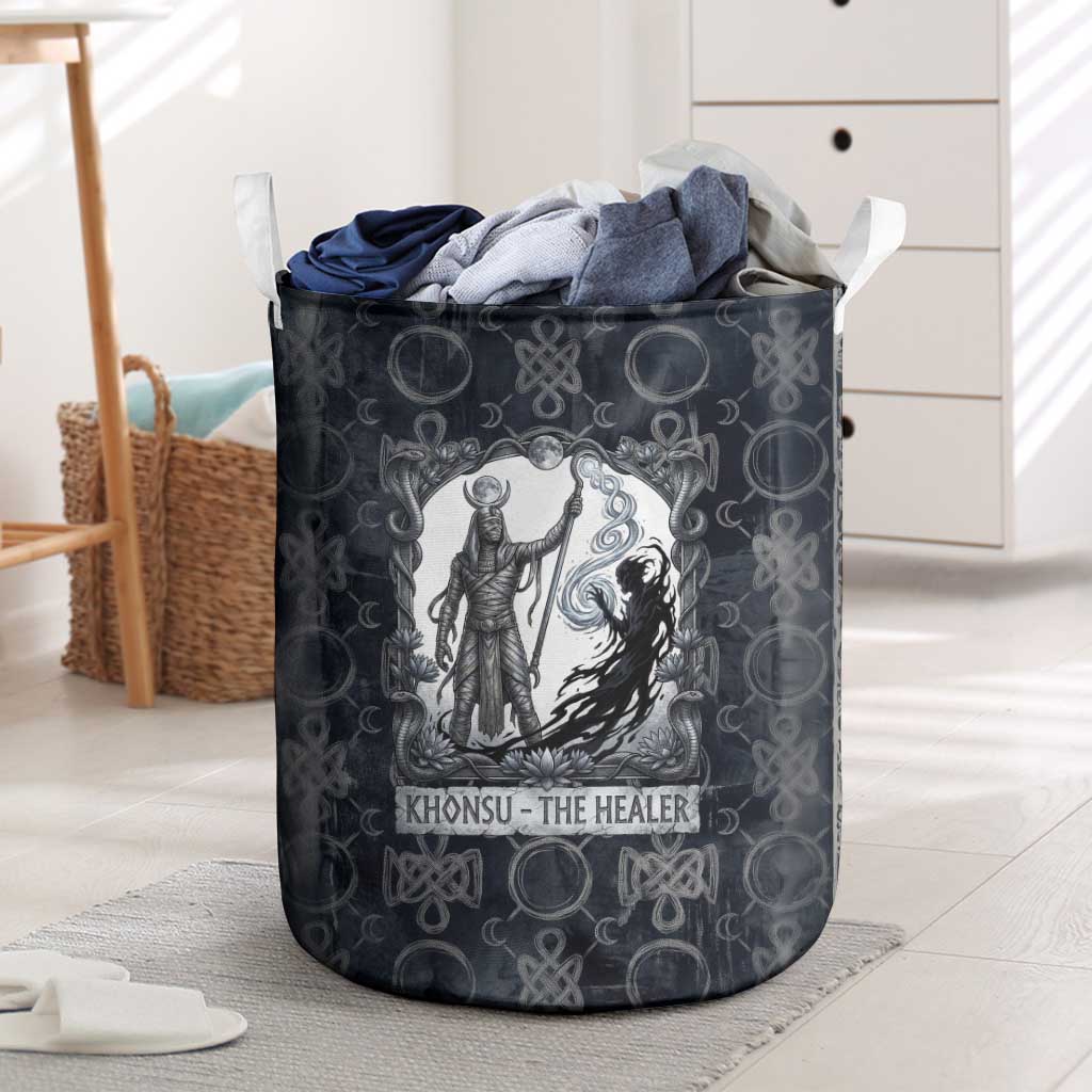 Khonsu Ancient Egyptian Laundry Basket with Dark Celtic Knot Pattern, Baboon Guardian Symbol, and Moon Healer Motif - Wonder Print Shop
