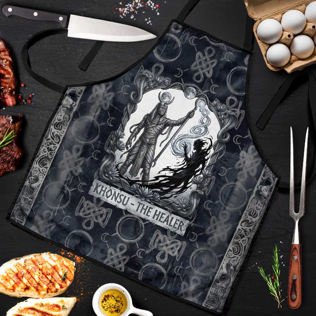 Khonsu Ancient Egyptian Apron with Dark Celtic Knot Pattern, Baboon Guardian Symbol, and Moon Healer Motif - Wonder Print Shop