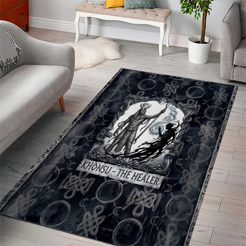 Khonsu Ancient Egyptian Area Rug with Dark Celtic Knot Pattern, Baboon Guardian Symbol, and Moon Healer Motif - Wonder Print Shop
