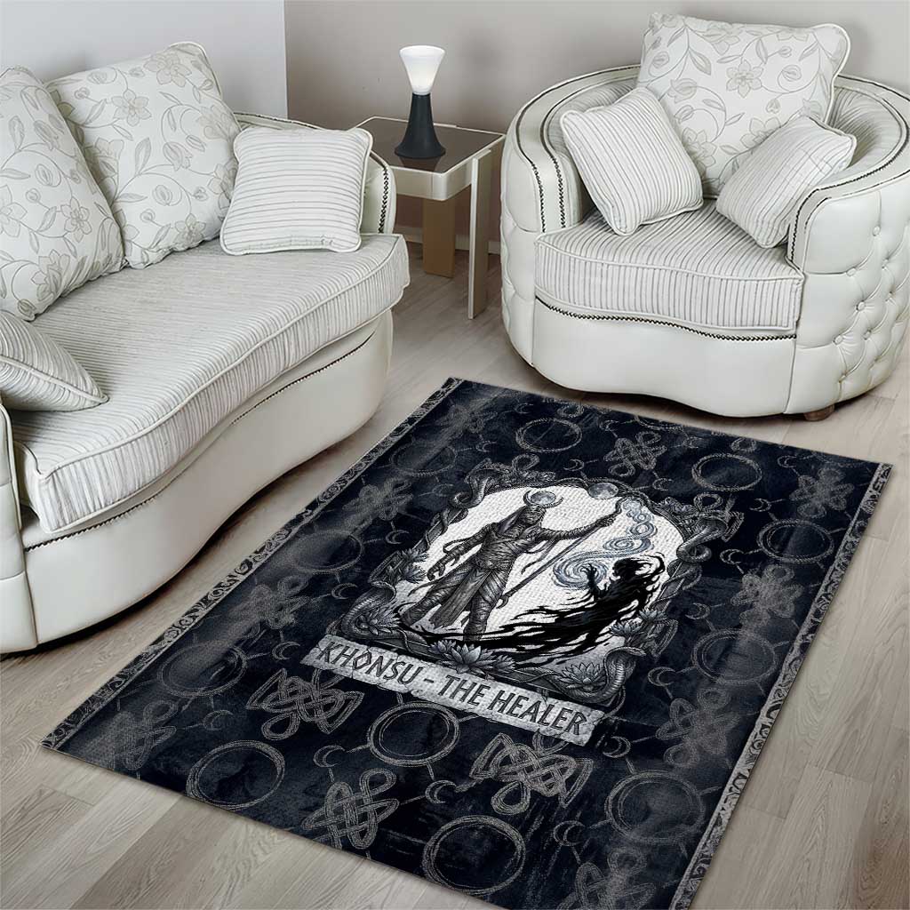 Khonsu Ancient Egyptian Area Rug with Dark Celtic Knot Pattern, Baboon Guardian Symbol, and Moon Healer Motif - Wonder Print Shop