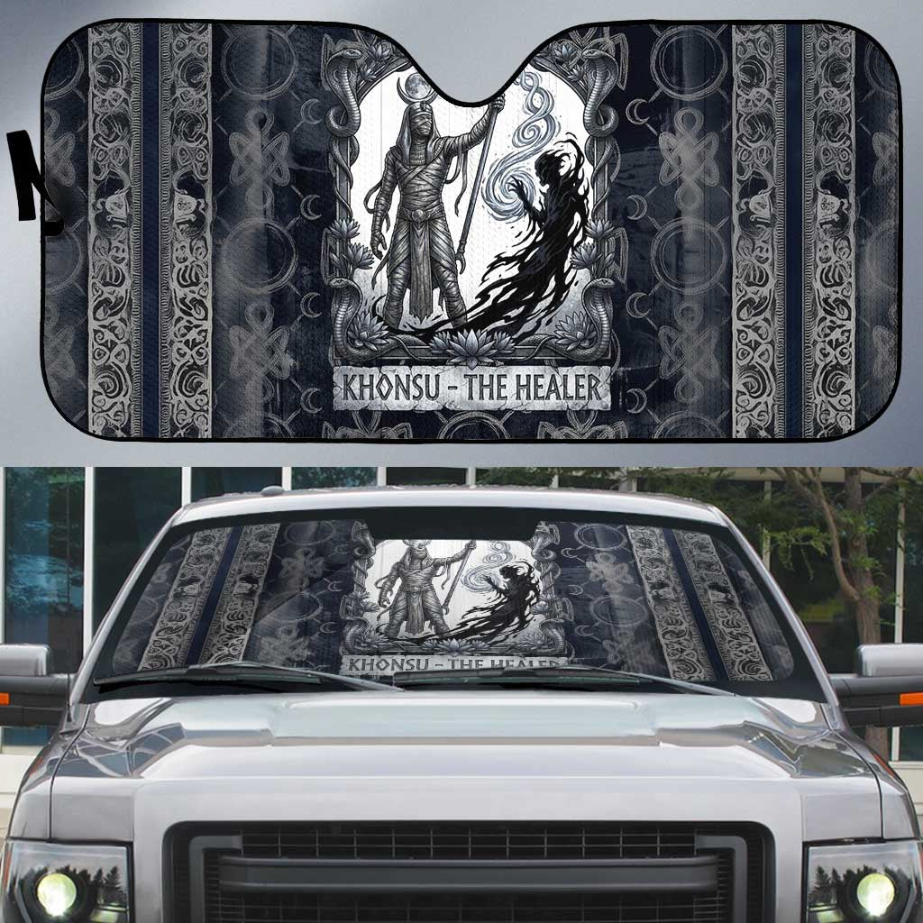 Khonsu Ancient Egyptian Auto Sun Shade with Dark Celtic Knot Pattern, Baboon Guardian Symbol, and Moon Healer Motif - Wonder Print Shop