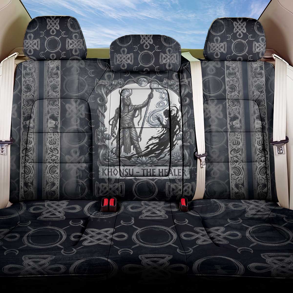 Khonsu Ancient Egyptian Back Car Seat Cover with Dark Celtic Knot Pattern, Baboon Guardian Symbol, and Moon Healer Motif - Wonder Print Shop